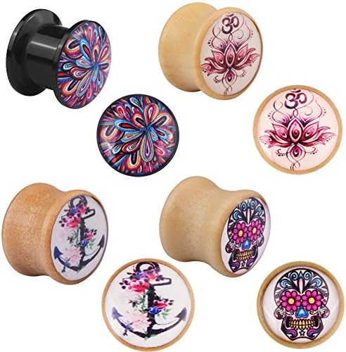 Bigbabybig 4 Pairs Skull Flower Earrings Ear Plugs Tunnels Wood size 14mm 9/16" Gauges
