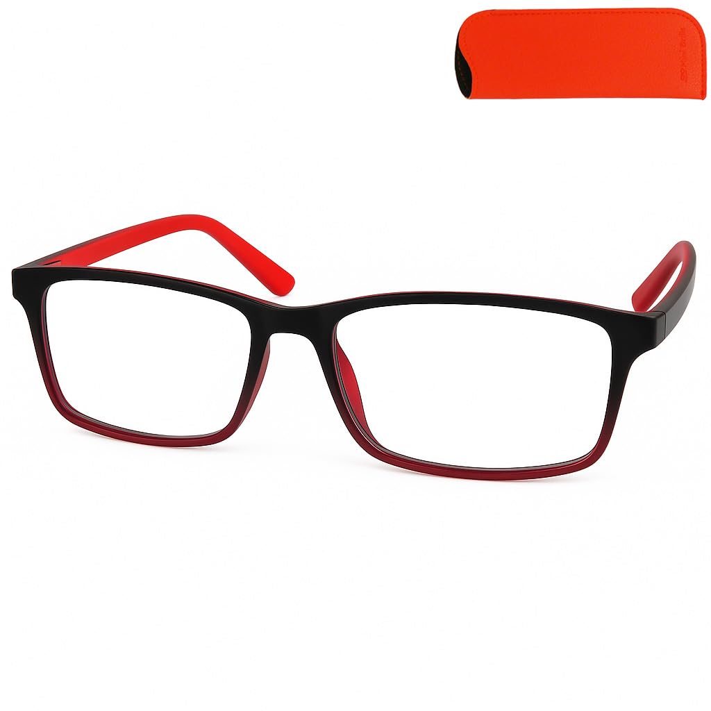 Mini Brille - Flex Reading Glasses with Rectangle Lens, Case included, Lightweight Plastic Frame Black with Red Accent, Specs Men and Women +2.00 Magnification