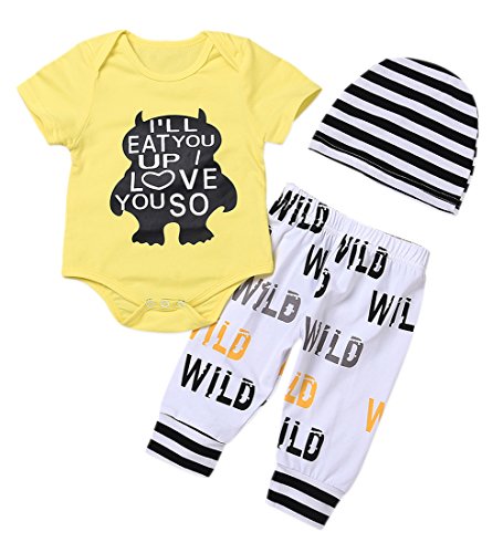 Younger star 3Pcs Newborn Baby Boys Clothes Letter Print Romper+ Casual Pants+Hat Outfits Set (0-6 Months, Short Yellow)