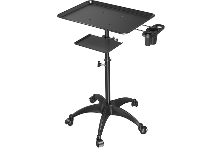 Salon Tray Cart with Storage Platform, Aluminum Tattoo Tray with Wheels Trolley Adjustable Height, Salon Tray Equipment Service Instrument Storage Tray Accessory for Salon & Spa Use, Black