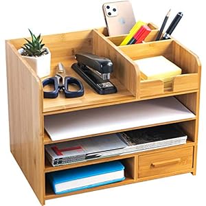 Bamboo Desktop Organizer | Home Office Bamboo Desk Drawer Organizer - 4 Tier Durable Wood Table Top Storage for Pencils…