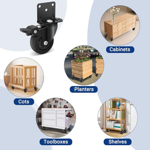 Humagineer 50 mm Heavy Duty Trolley Wheels with L Mount, Wheels for Small Furniture in Rubber, Silent and Sliding, Capacity 270 kg, Swivel Ruo te with 4 Brakes for Table, Wardrobe, Cot