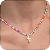 Bykuvo Cross Necklace For Women,14K Gold Plated Small Dainty Colorful Beaded Cubic Zirconia Diamond Double Layered Cross Pendant Choker Necklaces For Women,Christian Easter Religious Jewelry Gifts
