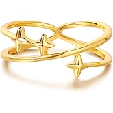 GNIRTSI Gold Star Ring for Women Criss Cross Double Rings Crossover 14K Gold Plated Minimalist Stack Thin Band Open Finger Jewelry Size 7