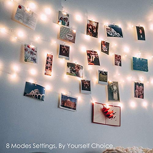 String Light with Clips, Photo Clip String Lights, 33Ft, 100 LED Fairy String Lights with 50 Clear Clips, 8 Modes USB Powered Warm White Lighting for Patio Halloween Christmas Party Wedding Decor