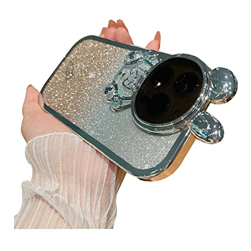 QoKcoahn Astronaut Hidden Stand Phone Case for iPhone 13,Cute Rabbit Astronaut Lens Camera Protector Kickstand Luxury Glitter Bling 6D Electroplated Clear Soft TPU Case for Women Silver