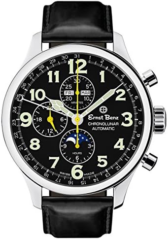 Ernst Benz Chronolunar Automatic Chronograph Moonphase Black Matte Leather Band 47mm Luxury Men's Watch GC10311
