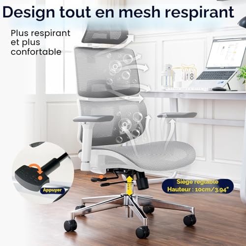 TONFARY Professional Ergonomic Office Chair - Breathable Mesh Backrest, 130° Tilt, 3D Armrests and Adjustable Seat - Swivel Wheels, 150kg