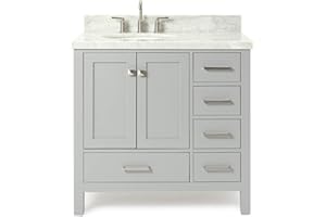 ARIEL 37" Grey Bathroom Vanity with 1.5" Edge Italian Carrara Marble Countertop & Backsplash, Left Oval Sink, 2 Soft Closing Doors, 5 Full Extension Dovetail Drawers, Brushed Nickel