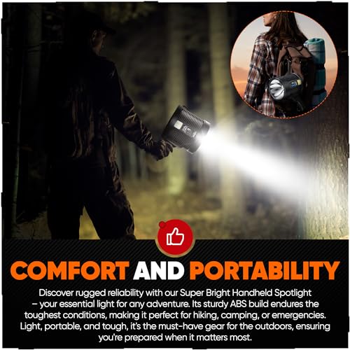 High-Intensity Spot Light - Durable Rechargeable Ultrabright Spotlight Flashlight Handheld Floodlight - Ideal for Outdoor, Emergency, Survival and Home Use. Solar Recharge Enabled, Power Bank Built In