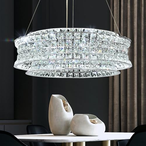 AOOCHOK Modern Crystal Chandelier for Dining Room, LED Chrome Pendant Lights, Round Crystal Pendant Light for Living Room, Hallway, Kitchen Island, D50cm