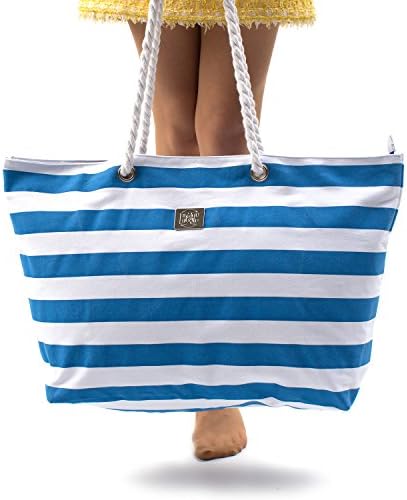 Large Canvas Striped Beach Bag - Top Zipper Closure - Waterproof Lining - Tote Shoulder Bag For Gym Beach Travel 5 Large Canvas Striped Beach Bag - Top Zipper Closure - Waterproof Lining - Tote Shoulder Bag For Gym Beach Travel