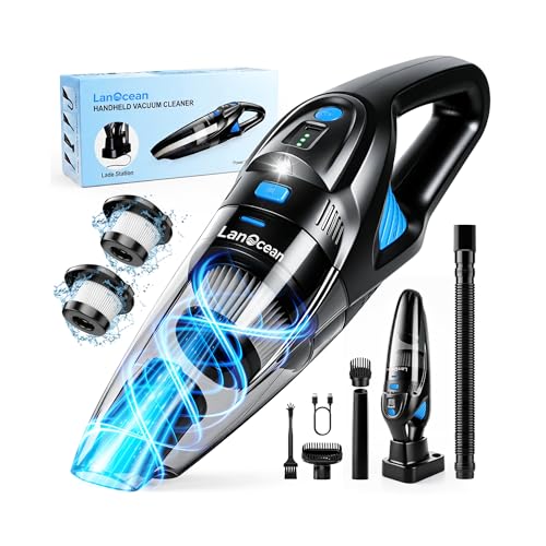 LanOcean Aspirador de Mano Potente con Estación de Carga, 25000Pa Aspirador Coche con Iluminación LED | 2 Filtro HEPA Lavable, 120W Húmedo y Seco Mini Aspiradora Portatil para Coche Hogar Cocina