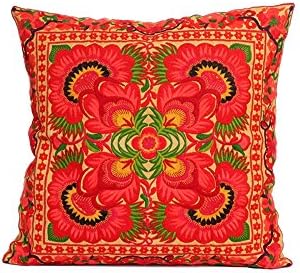 ETHNIC LANNA Orange Flower Mandala Tribal Cushion Cover with Hmong Embroidered Design