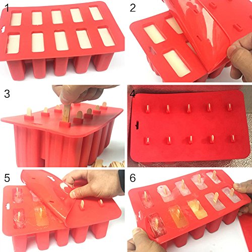 10-Cavity Frozen Ice Cream Pop Mold Silicone Popsicle Maker Lolly Mould with Cover Lid +12 Sticks - Thumbnail 2