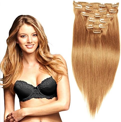 Arling 8 Pieces 18 inch Full Head Hairpieces Clip in Hair Extension Long Straight Thick Natural Remy Dark Blonde
