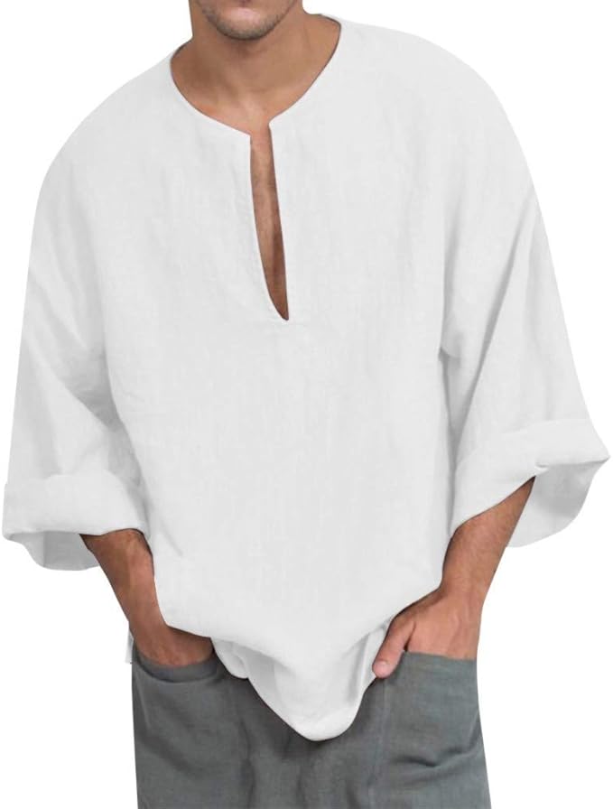 Reeseiy Oversize Linen Shirt Men V Casual Neck Chic Long Sleeve Leisure