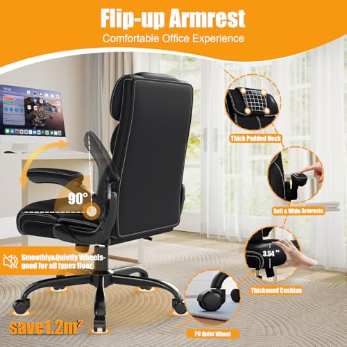 Executive Office Chair with Flip-up Armrests,Ergonomic Computer Desk Chairs,Mid-Tall Back Leather Office Chair 400 Lbs,Lumbar Support Swivel PC Chair with Rocking Function
