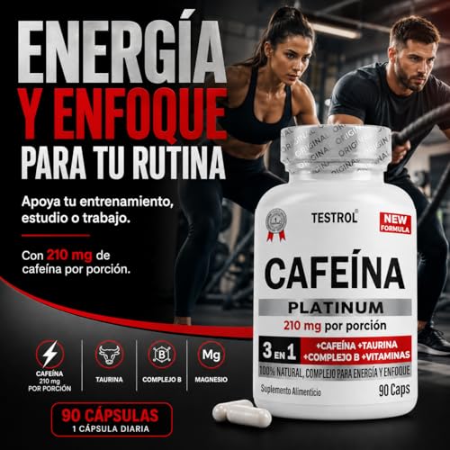Cafeína Platinum 210mg | Fórmula con Taurina, Magnesio y Complejo B | Preentreno | Energía y Enfoque | Cafeina capsulas Testrol | 90 Cápsulas