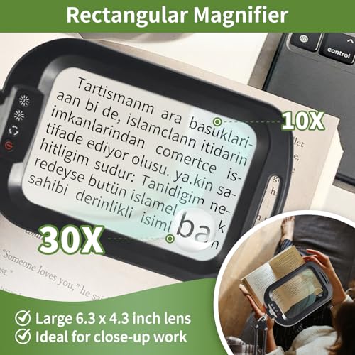 GABORISH Table Magnifier with Light and Stand, Rectangular Magnifying Lamp with 60 LEDs, 5 Colour Modes and Dimmable, Hands-Free Standing Magnifier with Light, 2-in-1 Magnifying Lamp with Clamp and Base for Reading Closework