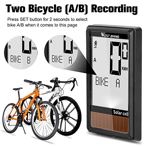 Bike Computer Wireless Solar Powered Speedometer with 5 Languages A/B