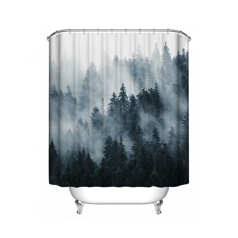 Nature Misty Forest Shower Curtain Dark Green Tree Foggy Forest Waterproof Bathroom Shower Curtain