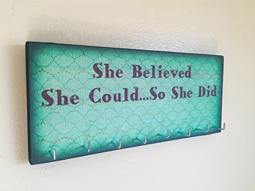 Race Medal Holder / Running Medal Hanger - SHE BELIEVED SHE COULD....SO SHE DID. Wood Wall Mounted Medal Organizer