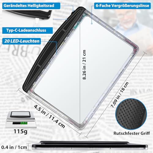 6 x Magnifying Glass with Light, Reading Magnifier for Seniors, Large, Rechargeable Dimmable LED Handheld Magnifier, Lightweight Book Magnifier for Reading Newspapers, Small Print, Ideal Magnifying
