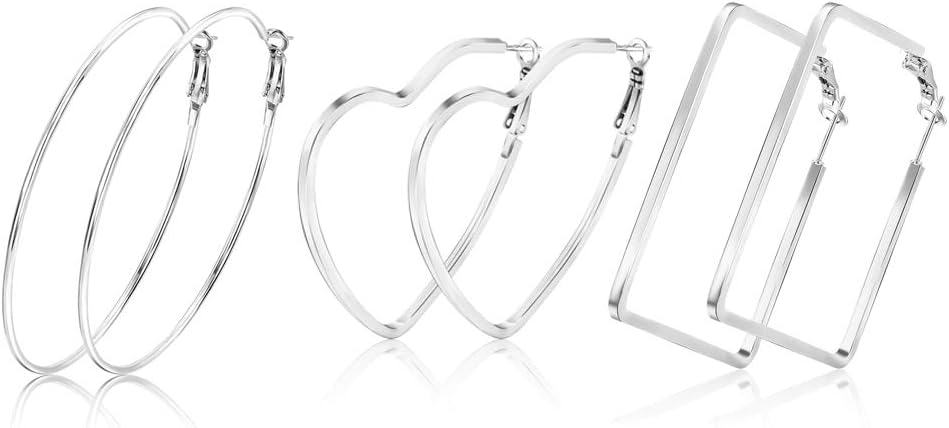 Lateefah 3 Pairs Big Hoop Earrings Stainless Steel Large Hoop earrings Silver Hoop Earrings for Women Girls