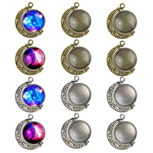 Yolyoo 12pcs Moon Rotation Double Side Pendant Trays Round Blank Bezel Pendant Trays with 24pcs Glass Cabochon Clear Trays for Crafting DIY Jewelry Gift Making