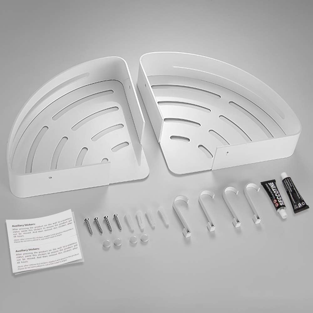 AK KYC Shower Corner Shelf Shower Caddy Wall Mounted Bathroom Shelves-Strong Adhesive (No Drilling) in 2 Pack with 4 Removable Hooks Rustproof Aluminum Basket Organizer Hanging Storage kitchen-White - - 