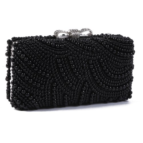 Damara Womens Meticulous Pearl Embroidery Evening Bag Metal Chain Purse,Black - Thumbnail 2