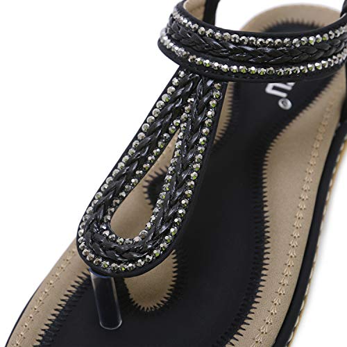 DolphinBanana Women's Bohemian Simple T-Strap Summer Flat Thong Sandals, Black Flip Flops Glitter Shiny Rhinestone Herringbone Woven Tape Shoes for Dressy Casual Jeans Daily Wear and Beach Vacation