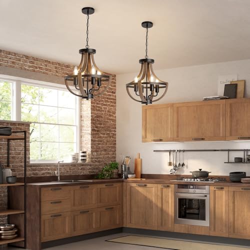 SEEBLEN Farmhouse Chandelier,Vintage 4-Light Hanging Pendant Light Height Adjustable,Rustic Metal Ceiling Light in Faux Wood Grain Color for Dining Room Kitchen Foyer Hallway Entryway Bedroom Closet.