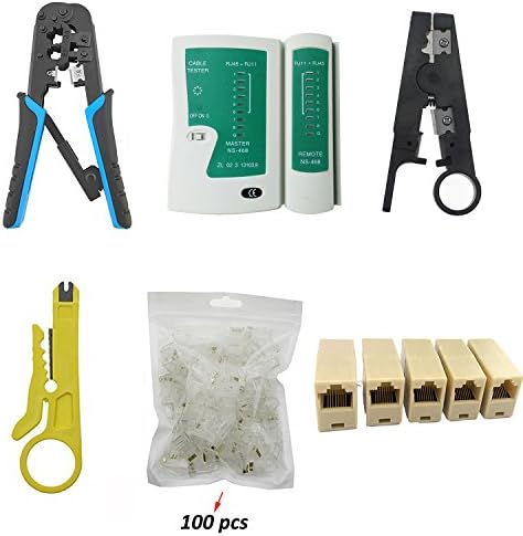 QMSSIC Network Computer Maintenance Repair Tools Set 6 in 1- Cable Tester/ Crimp Crimper/5 Ethernet Connector/100 RJ45 RJ-45 CAT5 Network Connector/Wire Striper/ Cable Striper (6 in 1)
