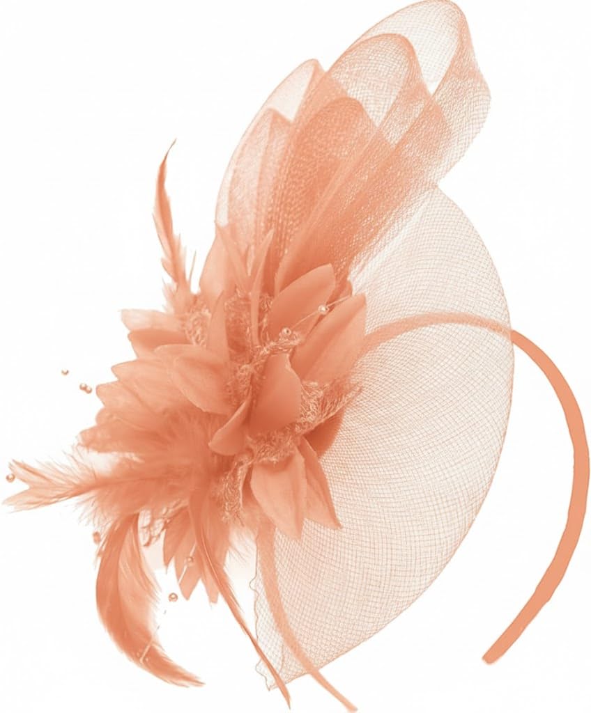 Peach Nude Fascinator Headband Flower Wedding Ascot Races Net Hat Feathers