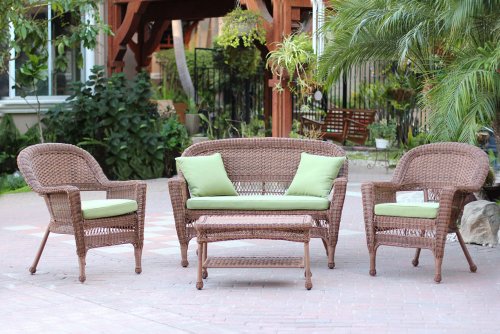 Jeco W00205-G-FS029 4 Piece Wicker Conversation Set with Green Cushions, Honey