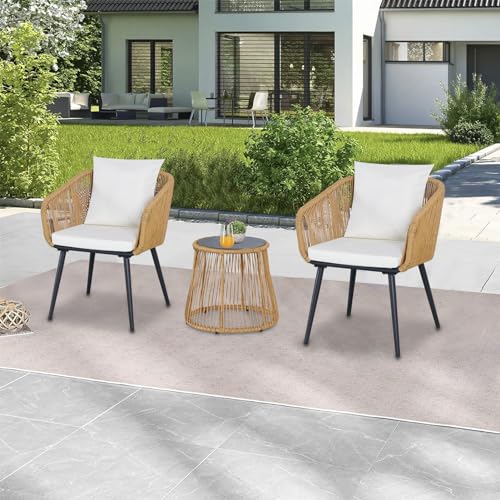 YIYAN 3 Piece Patio Bistro Set, Wicker Outdoor Patio Set with Enhanced Comfort Seating, Round Glass Top Coffee Side Table, Patio Rattan Conversation Set for Balcony, Lawn, Garden, Backyard (White)