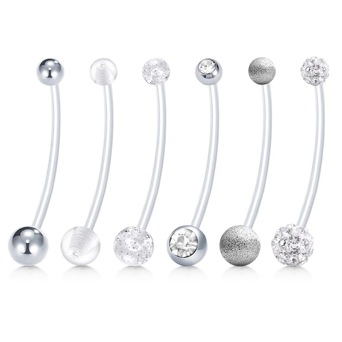 incaton Pregnancy Belly Button Bars – 14G Flexible Maternity Belly Bars (38mm) | 6-Pack Adjustable Navel Retainer Silver Belly Jewelry