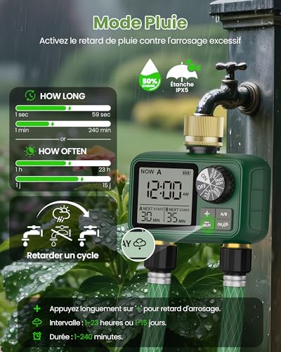 2 Way Water Timer with Brass Input and Outlet, Large LCD Display, Automatic Watering for Garden, Programmable Irrigation, Simple Use, Rain Delay Manual Watering