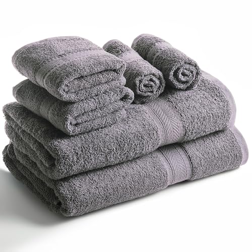 Sweet Needle Set of 6 Towels - 2 Bath Towels, 2 Hand Towels and 2 Washcloths Cotton Daily Use, Hotel Quality, Soft, Highly Absorbent, Quick Dry, Lightweight (Charcoal)