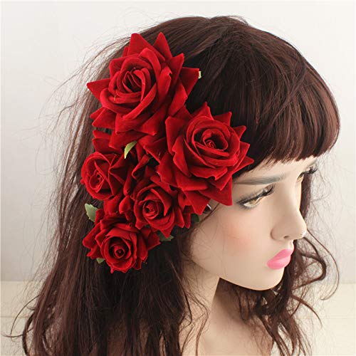 Rose Flower Hair Clip Comb Red Rose Flower Brooch Pins Up Flamenco Dancer Bride Wedding Fabric Flowers Hairpins Headwear Barrette Styling Tools Accessories for Women Girls Red 1pcs - Thumbnail 5