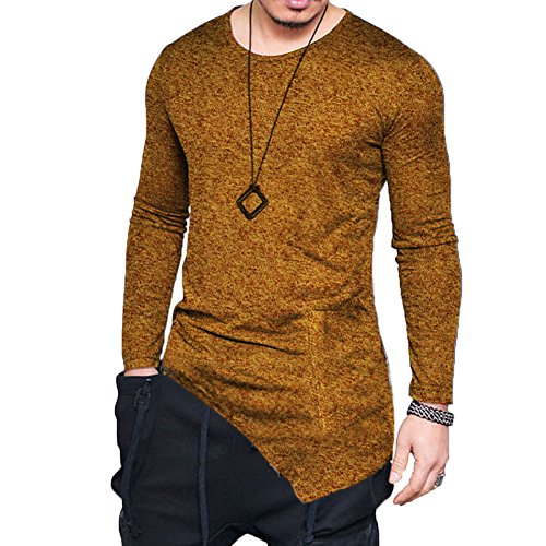 F.Honey Men s Long Sleeve Slim Fit Side Pocket Cowl Neck SWAG Irregular Hem Hipster Hip Hop T-Shirt Blouse (Crew Neck-M, Khaki)