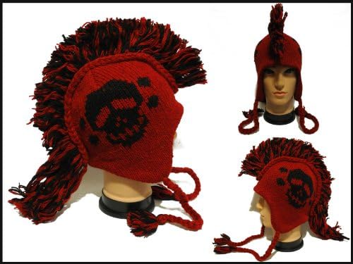 Mohawk skull logo Hat cap beanie Pilot handmade 100% Wool W/ Fleece lining red