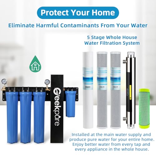 Geekpure 5 Stage Whole House Water Filter System with 2.5 x 20 5 Micron PP Sediment + Carbon Filters and 6 GPM UV