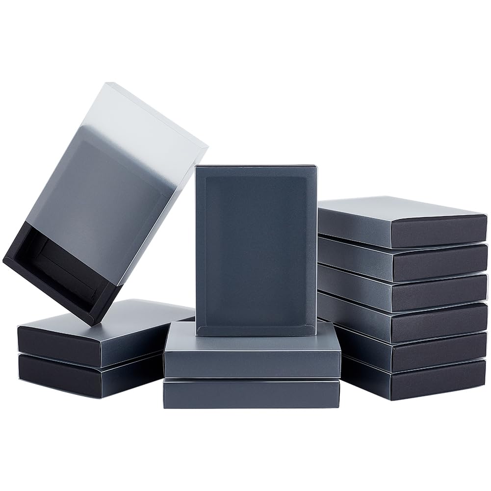 BENECREAT 16 PCS Black Kraft Gift Drawer Box, Translucent Plastic Lid Box with PVC Frosted Window for Wedding, Jewellery Packaging, 13.8x9.7x2.5cm