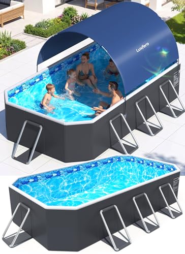 Luxfero Rectangular Tubular Pool with Canopy, Large Foldable Above Ground Pool, Metal Frame Thickened Tubular Pool, Easy to Store & Exhaustion Pool for Garden and Family, 228 x 127 x 50 cm