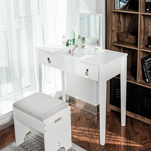 BAHOM Vanity Makeup Table Set with Mirror and Stool, Dressing Table for Girls/Women, Bedroom, White