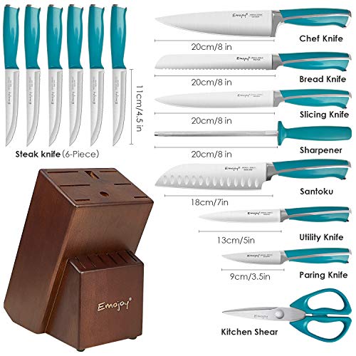 Emojoy Knife Set, 15Piece Kitchen Knife Set with Block Wooden, Lake