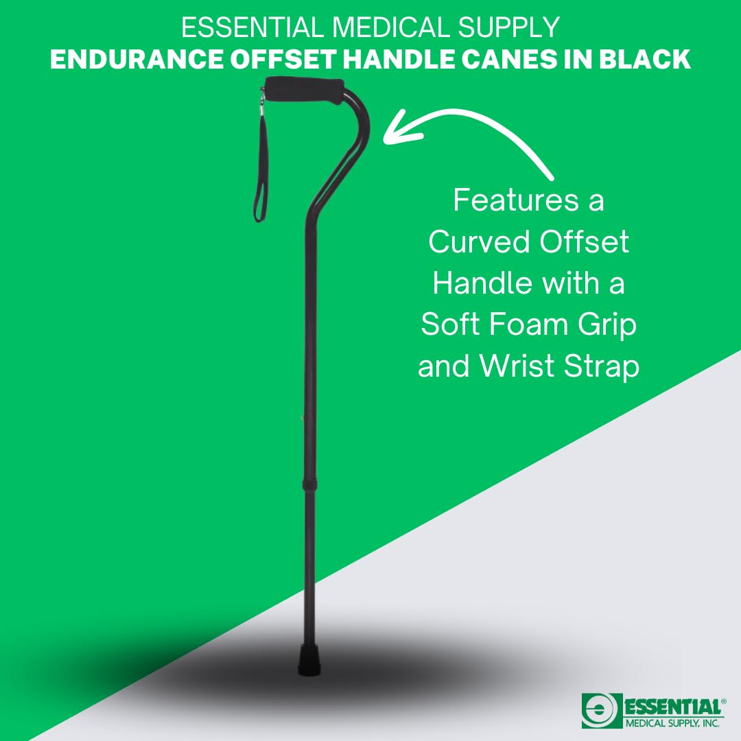 Essential Medical Supply Endurance Height Adjustable Offset Handle Walking Cane in Black with Soft Foam Grip and Wrist Strap - Sturdy Cane with 250lb Support and Stability for Adults and Seniors